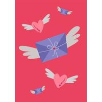 Hearts and letters with wings. Vector image in boho style.