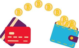 A flat illustration of a pile of bitcoins, from a credit card to a wallet. vector