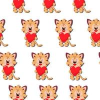 A tiger with a red heart. style. Simple seamless pattern. vector