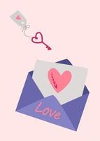 An open envelope with a heart and a key with a tag. vector