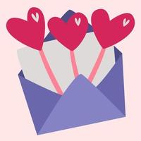 An open envelope with hearts on a stick. Vector image in boho style.