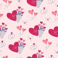 regalos, corazones y ramos de flores sobre un fondo rosa. vector