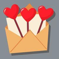 In an open envelope with a letter, caramel on a stick in the form of hearts. vector