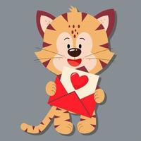 Tiger holds an open letter with a heart. Day of love. vector