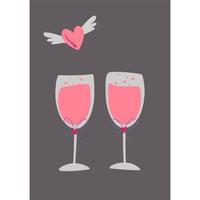 Two Glasses Of Pink Champagne. A heart with wings. vector