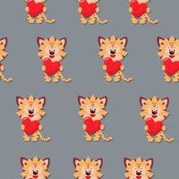 The tiger cub holds a gift in the form of a red heart. Vector pattern in a flat style.