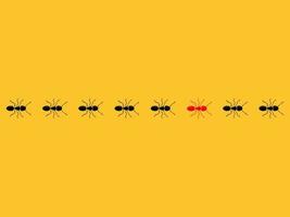 Ant trail. Think differently concept. Red ant going different with black ants. vector