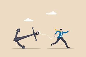 Freedom, relief or escape from bad habit, psychology anchoring effect or cut heavy burden to growing more concept, businessman using scissor to cut the rope tie himself with big heavy anchor. vector
