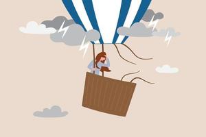 Mental health, depression or sadness, anxiety and stressed problem, work difficulty and obstacle, pessimism concept, depressed desperate and hopeless woman in falling down air balloon in thunder storm vector