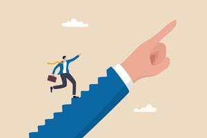 Success step, leadership or career path growth direction, motivation and determination to grow and success, stairway to achieve target concept, businessman step up stairway on leader pointing hand. vector