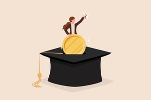 Education fund for college, saving for school or university tuition fee, study cost or training expense concept, young woman insert money coin into mortarboard saving box while holding degree scroll. vector