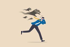 Fear or struggle from business failure, anxiety, depression or panic attack, afraid or negative feeling, mental disorder concept, frightened businessman running away from creepy monster hand chasing. vector