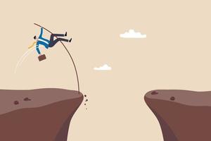 Overcome difficulty to reach business success, challenge or determination for leader, solution or skill to achieve target concept, confidence businessman pole vault jumping cross over cliff gap. vector