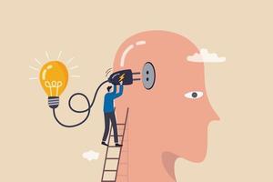 Creativity and idea thinking, brainstorm for solution, imagination or innovation to create new idea concept, smart businessman climb up ladder to plugin creative lightbulb into his brain head. vector