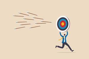 Chasing for target achievement, guidance or control to reach goal, competition or challenge to success, aiming or motivation concept, businessman holding big arrow target run away from bunch of arrow. vector