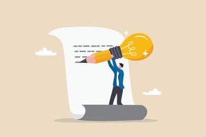 idea creativa e inspiración para comenzar a escribir blog, creatividad e imaginación para el éxito en el concepto de trabajo, talento y habilidad, joven inteligente usando lápiz grande con idea de bombilla escribiendo en papel. vector