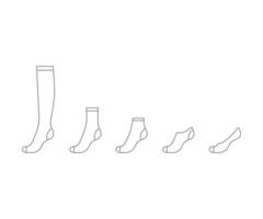 Set sock for woman from long to short, outline template. Sport and regular sock. Technical mockup clothes side view. Vector contour illustration