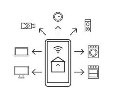 Control smart house with mobile phone from wifi, line icon. Connection smartphone with tv, laptop, computer, video camera, timer, music, cleaning, cooking. Vector illustration