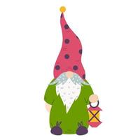 Cute cartoon gnome vector icon. Hand drawn illustration isolated on white background. Magical dwarf in a tall hat with a glowing lamp. Fairy tale character with a beard, mustache. Simple color clipart