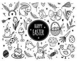 Easter symbols vector set. Hand drawn doodles isolated on white backdrop. Festive elements - eggs, bunny, chicken, flowers, cake. Set of spring clipart for decoration, web design, cards, print