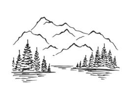 Mountain with pine trees and lake landscape. Hand drawn rocky peaks in sketch style.