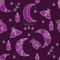 Celestial boho pattern with moon, stars, crystal, moth vector