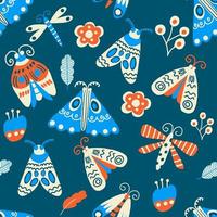 Seamless pattern with doodle moths, butterflyes, dragonflies and plants vector