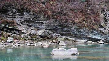 Landscape of a mountain river in the forest in early autumn and late summer. water in a natural stream. beautiful and relaxing forest with a river. River deep in mountain forest. Nature composition. photo