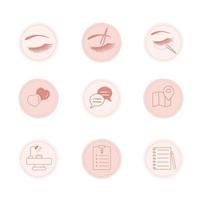 iconos para el diseño de salones de belleza. pestañas, pinzas, lugar de trabajo, opiniones, recomendaciones, lista de precios y calendario vector