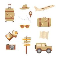 Travel Africa set icons. Flat design trend. Bag, suitcase, plane, map, pointer, direction, glasses, camera. vector