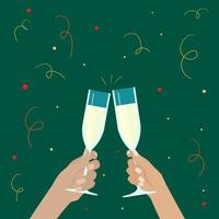 Human hand holding a glass of champagne. Postcard for the holiday New Year, Christmas, wedding day. vector