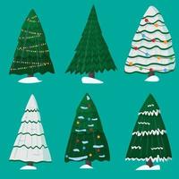 Christmas trees set in flat cartoon style. decorated with a garland, covered with snow. New Year vector