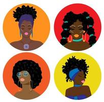 Set with flat girls. Portrait of a beautiful woman. Cartoon afro american girl vector