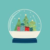 Christmas card. New Year snow globe with decorated Christmas trees and gifts, falling snow, blue background. vector