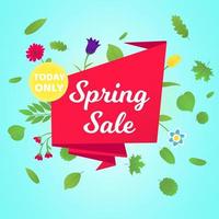 Spring sale vector banner or poster gradient flat style design vector illustration. Huge red ribbon with text SPRING SALE, green leaves and beautiful flowers around isolated on sky background