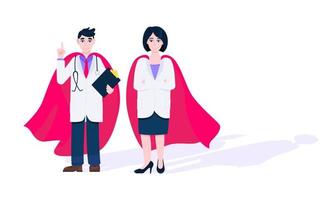 Two doctors with hero cape behind hospital medical employee fight against diseases and viruses on frontline flat style design vector illustration.