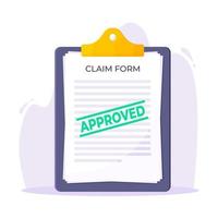 Clipboard with approved claim or credit loan form on it, paper sheets and approved stamp vector