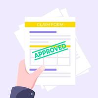 Approved claim or credit loan form, paper sheets and approved stamp flat style design vector illustration.