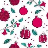 Seamless hand drawn pomegranate fruit pattern, berry with color shapes set vector illustration isolated on white background. Whole, parts, leaves and brunches sketch style collection. Fresh and tasty.