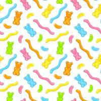 Gummy bear, jelly worms and beans sweet candy seamless pattern with amazing flavor flat style design vector illustration.