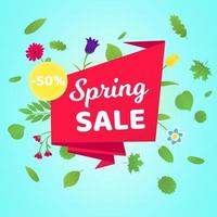 Spring sale vector banner or poster gradient flat style design vector illustration. Huge red ribbon with text SPRING SALE, green leaves and beautiful flowers around isolated on sky background