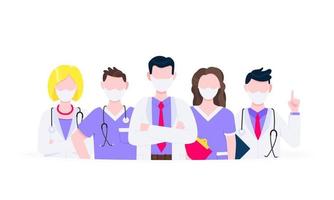Successful team of medical employee doctors with face masks vector illustration.
