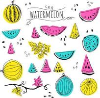 Hand drawn sketch style watermelon set vector illustration isolated on white background. Whole and parts. Farm fresh healthy food fruits. Summer paty symbols concept.