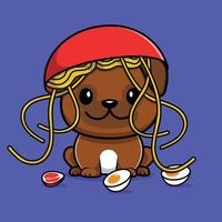 lindo perro pug con carne de fideos y huevo dibujos animados vector icono ilustración. concepto de icono de comida animal vector premium aislado. estilo de dibujos animados plana