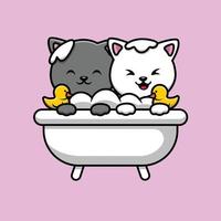 linda pareja de gatos bañándose en la ilustración de icono de vector de dibujos animados de baño. concepto de icono animal vector premium aislado. estilo de dibujos animados plana