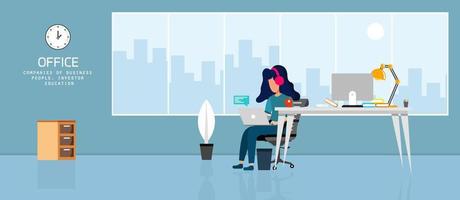 learning and teaching business office to work modern interior, office cabinet with computer colorful vector illustration in flat cartoon style vector design