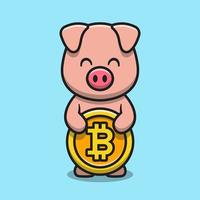 lindo cerdo sosteniendo bitcoin dibujos animados vector icono ilustración