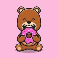 Cute bear eating doughnut cartoon vector icon illustration