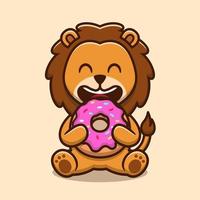 Cute lion eating doughnut cartoon vector icon illustration