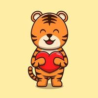 Cute tiger hugging love heart cartoon icon illustration vector